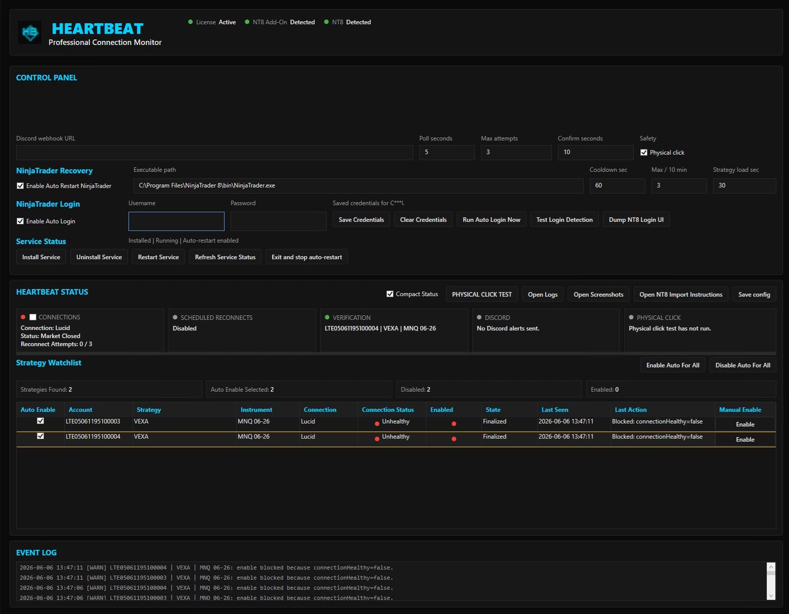 Actual HeartBeat dashboard showing connection health, recovery status, and watched strategies